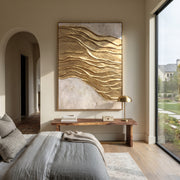 "Golden Wind Lines Relief" - Modern Heavy Impasto Abstract Artwork | Gold & White Palette Knife Painting | Luxury Vertical Wall Art #Q 118