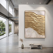 "Golden Wind Lines Relief" - Modern Heavy Impasto Abstract Artwork | Gold & White Palette Knife Painting | Luxury Vertical Wall Art #Q 118