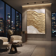 "Golden Wind Lines Relief" - Modern Heavy Impasto Abstract Artwork | Gold & White Palette Knife Painting | Luxury Vertical Wall Art #Q 118