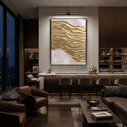"Golden Wind Lines Relief" - Modern Heavy Impasto Abstract Artwork | Gold & White Palette Knife Painting | Luxury Vertical Wall Art #Q 118
