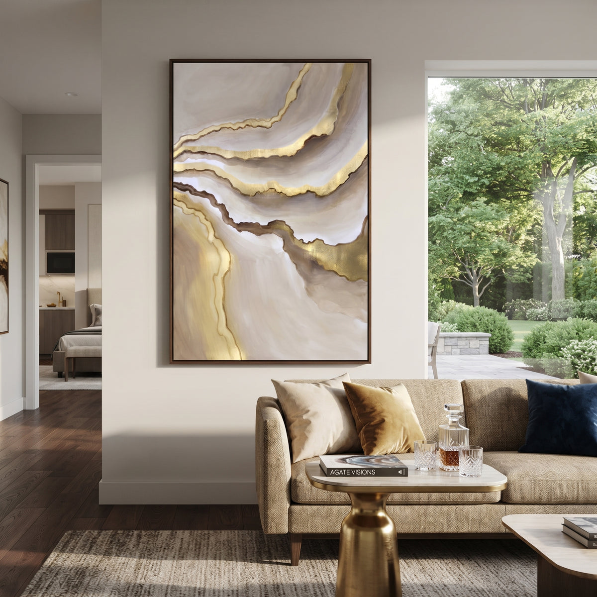 Soft Layered Amber Vein Relief focuses on vertical translucent beige layers split by amber and gold vein lines, keeping the composition specific to this single abstract textured artwork rather than using a generic batch description. The visible surface is built around beige, gold, white, with pale plaster passages, metallic highlights, softened neutral transitions, and raised edges that guide the eye across the picture plane. The main movement is easy to read from the image itself: layered