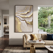 "Soft Layered Amber Vein Relief" - Modern Heavy Impasto Abstract Artwork | Beige & Gold Palette Knife Painting | Luxury Vertical Wall Art #Q 119