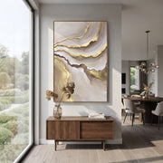 "Soft Layered Amber Vein Relief" - Modern Heavy Impasto Abstract Artwork | Beige & Gold Palette Knife Painting | Luxury Vertical Wall Art #Q 119
