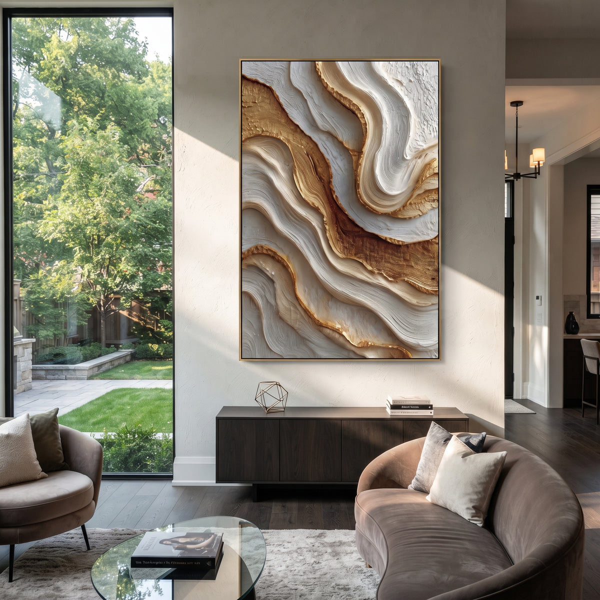 Bronze River Fold Relief focuses on vertical bronze river form bordered by thick white folded ridges and warm shadows, keeping the composition specific to this single abstract textured artwork rather than using a generic batch description. The visible surface is built around brown, white, gold, with pale plaster passages, metallic highlights, softened neutral transitions, and raised edges that guide the eye across the picture plane. The main movement is easy to read from the image itself