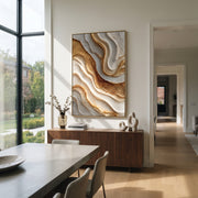 "Bronze River Fold Relief" - Modern Heavy Impasto Landscape Artwork | Brown & White Palette Knife Painting | Luxury Vertical Wall Art #Q 120