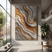 "Bronze River Fold Relief" - Modern Heavy Impasto Landscape Artwork | Brown & White Palette Knife Painting | Luxury Vertical Wall Art #Q 120