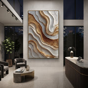 "Bronze River Fold Relief" - Modern Heavy Impasto Landscape Artwork | Brown & White Palette Knife Painting | Luxury Vertical Wall Art #Q 120