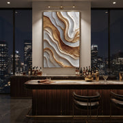 "Bronze River Fold Relief" - Modern Heavy Impasto Landscape Artwork | Brown & White Palette Knife Painting | Luxury Vertical Wall Art #Q 120