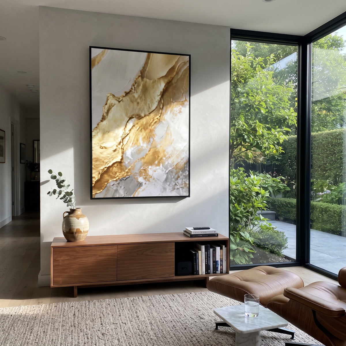 Bold Gold Fault Relief focuses on vertical bold metallic gold fault cutting through white and grey stone texture, keeping the composition specific to this single abstract textured artwork rather than using a generic batch description. The visible surface is built around gold, white, grey, with pale plaster passages, metallic highlights, softened neutral transitions, and raised edges that guide the eye across the picture plane. The main movement is easy to read from the image itself: layered