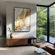 "Bold Gold Fault Relief" - Modern Heavy Impasto Abstract Artwork | Gold & White Palette Knife Painting | Luxury Vertical Wall Art #Q 121