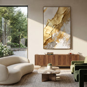 "Bold Gold Fault Relief" - Modern Heavy Impasto Abstract Artwork | Gold & White Palette Knife Painting | Luxury Vertical Wall Art #Q 121