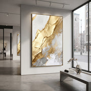 "Bold Gold Fault Relief" - Modern Heavy Impasto Abstract Artwork | Gold & White Palette Knife Painting | Luxury Vertical Wall Art #Q 121