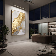 "Bold Gold Fault Relief" - Modern Heavy Impasto Abstract Artwork | Gold & White Palette Knife Painting | Luxury Vertical Wall Art #Q 121