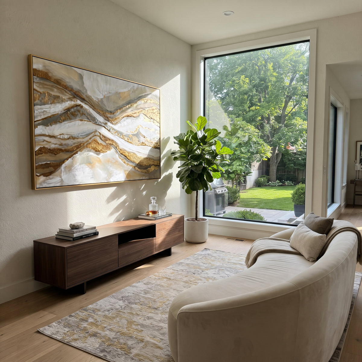Mountain Vein Horizon Relief focuses on wide mountain-like white and gold vein layers stretching across a pale horizon, keeping the composition specific to this single abstract textured artwork rather than using a generic batch description. The visible surface is built around white, gold, beige, with pale plaster passages, metallic highlights, softened neutral transitions, and raised edges that guide the eye across the picture plane. The main movement is easy to read from the image itself