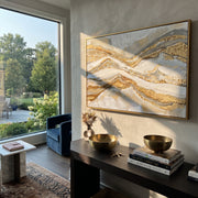 "Mountain Vein Horizon Relief" - Modern Heavy Impasto Landscape Artwork | White & Gold Palette Knife Painting | Luxury Horizontal Wall Art #Q 122