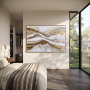 "Mountain Vein Horizon Relief" - Modern Heavy Impasto Landscape Artwork | White & Gold Palette Knife Painting | Luxury Horizontal Wall Art #Q 122