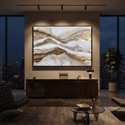 "Mountain Vein Horizon Relief" - Modern Heavy Impasto Landscape Artwork | White & Gold Palette Knife Painting | Luxury Horizontal Wall Art #Q 122
