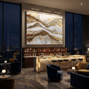 "Mountain Vein Horizon Relief" - Modern Heavy Impasto Landscape Artwork | White & Gold Palette Knife Painting | Luxury Horizontal Wall Art #Q 122