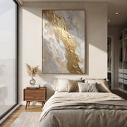 "Broken Gold Slab Relief" - Modern Heavy Impasto Abstract Artwork | Gold & Grey Palette Knife Painting | Luxury Vertical Wall Art #Q 123