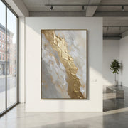 "Broken Gold Slab Relief" - Modern Heavy Impasto Abstract Artwork | Gold & Grey Palette Knife Painting | Luxury Vertical Wall Art #Q 123