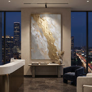 "Broken Gold Slab Relief" - Modern Heavy Impasto Abstract Artwork | Gold & Grey Palette Knife Painting | Luxury Vertical Wall Art #Q 123