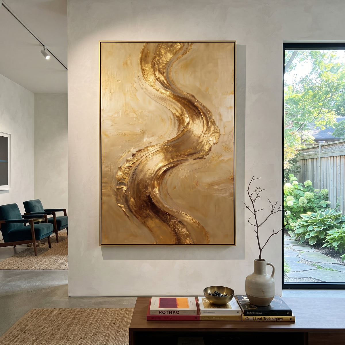 "Golden Serpent Brush Relief" - Modern Heavy Impasto Abstract Artwork | Gold & Beige Palette Knife Painting | Luxury Vertical Wall Art #Q 124