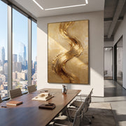 "Golden Serpent Brush Relief" - Modern Heavy Impasto Abstract Artwork | Gold & Beige Palette Knife Painting | Luxury Vertical Wall Art #Q 124