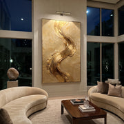 "Golden Serpent Brush Relief" - Modern Heavy Impasto Abstract Artwork | Gold & Beige Palette Knife Painting | Luxury Vertical Wall Art #Q 124