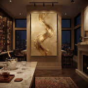 "Golden Serpent Brush Relief" - Modern Heavy Impasto Abstract Artwork | Gold & Beige Palette Knife Painting | Luxury Vertical Wall Art #Q 124