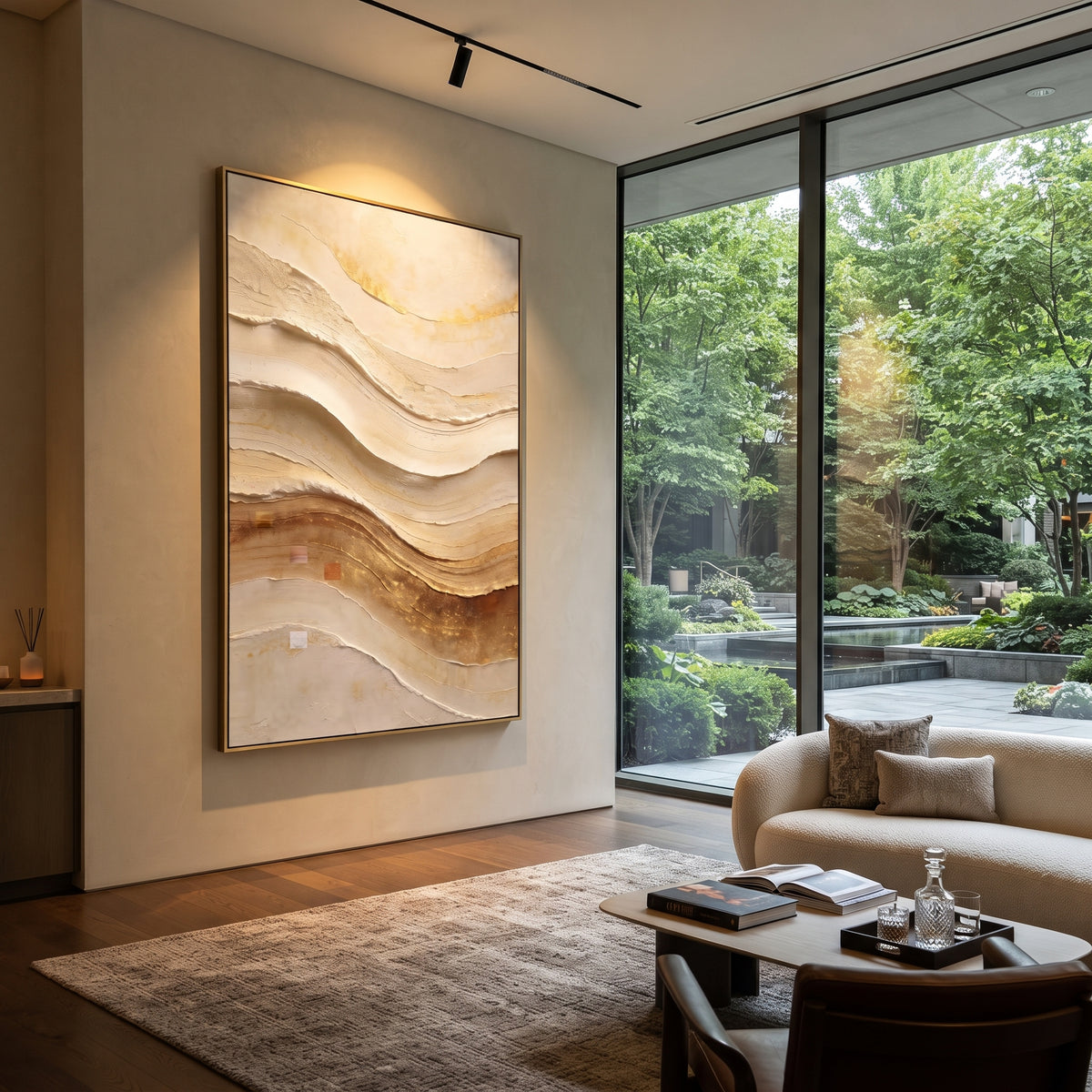 Soft Taupe Layer Relief focuses on vertical soft taupe and cream layered bands with a warm central brown drift, keeping the composition specific to this single abstract textured artwork rather than using a generic batch description. The visible surface is built around beige, white, brown, with pale plaster passages, metallic highlights, softened neutral transitions, and raised edges that guide the eye across the picture plane. The main movement is easy to read from the image itself: layered