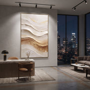 "Soft Taupe Layer Relief" - Modern Heavy Impasto Abstract Artwork | Beige & White Palette Knife Painting | Luxury Vertical Wall Art #Q 125