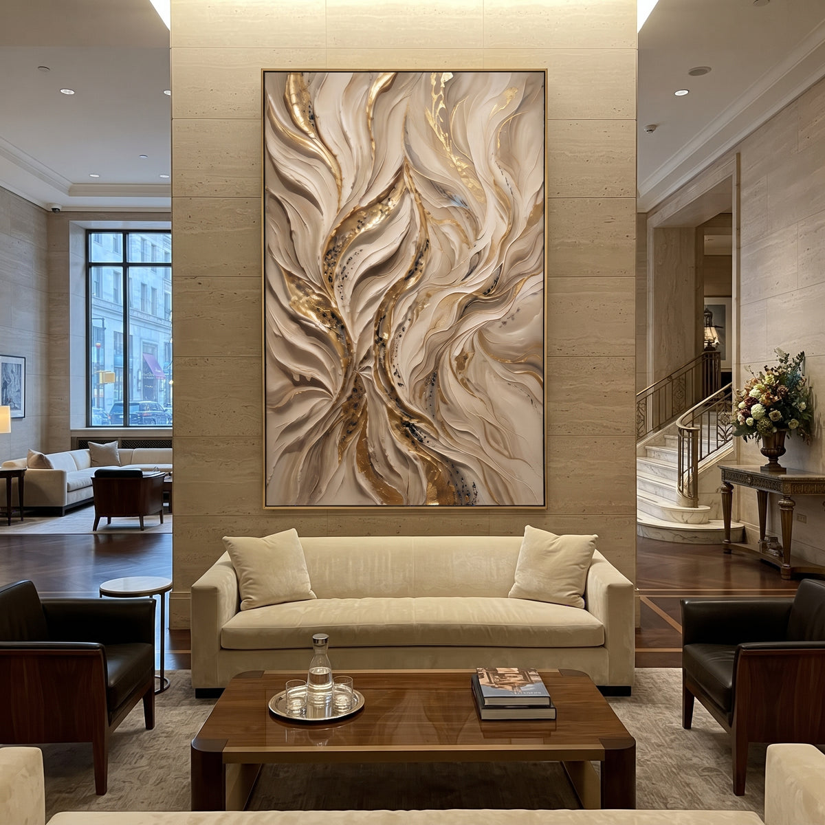 Blooming Gold Vein Relief focuses on vertical blooming ivory folds and gold bead-like veins gathered through the center, keeping the composition specific to this single abstract textured artwork rather than using a generic batch description. The visible surface is built around white, gold, beige, with pale plaster passages, metallic highlights, softened neutral transitions, and raised edges that guide the eye across the picture plane. The main movement is easy to read from the image itself