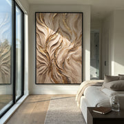 "Blooming Gold Vein Relief" - Modern Heavy Impasto Abstract Artwork | White & Gold Palette Knife Painting | Luxury Vertical Wall Art #Q 126