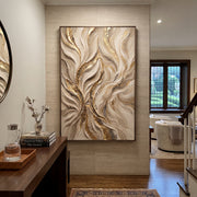 "Blooming Gold Vein Relief" - Modern Heavy Impasto Abstract Artwork | White & Gold Palette Knife Painting | Luxury Vertical Wall Art #Q 126