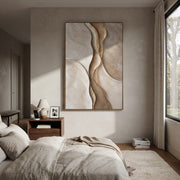 "Narrow Sand Channel Relief" - Modern Heavy Impasto Abstract Artwork | Beige & White Palette Knife Painting | Luxury Vertical Wall Art #Q 127