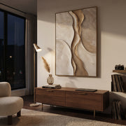 "Narrow Sand Channel Relief" - Modern Heavy Impasto Abstract Artwork | Beige & White Palette Knife Painting | Luxury Vertical Wall Art #Q 127