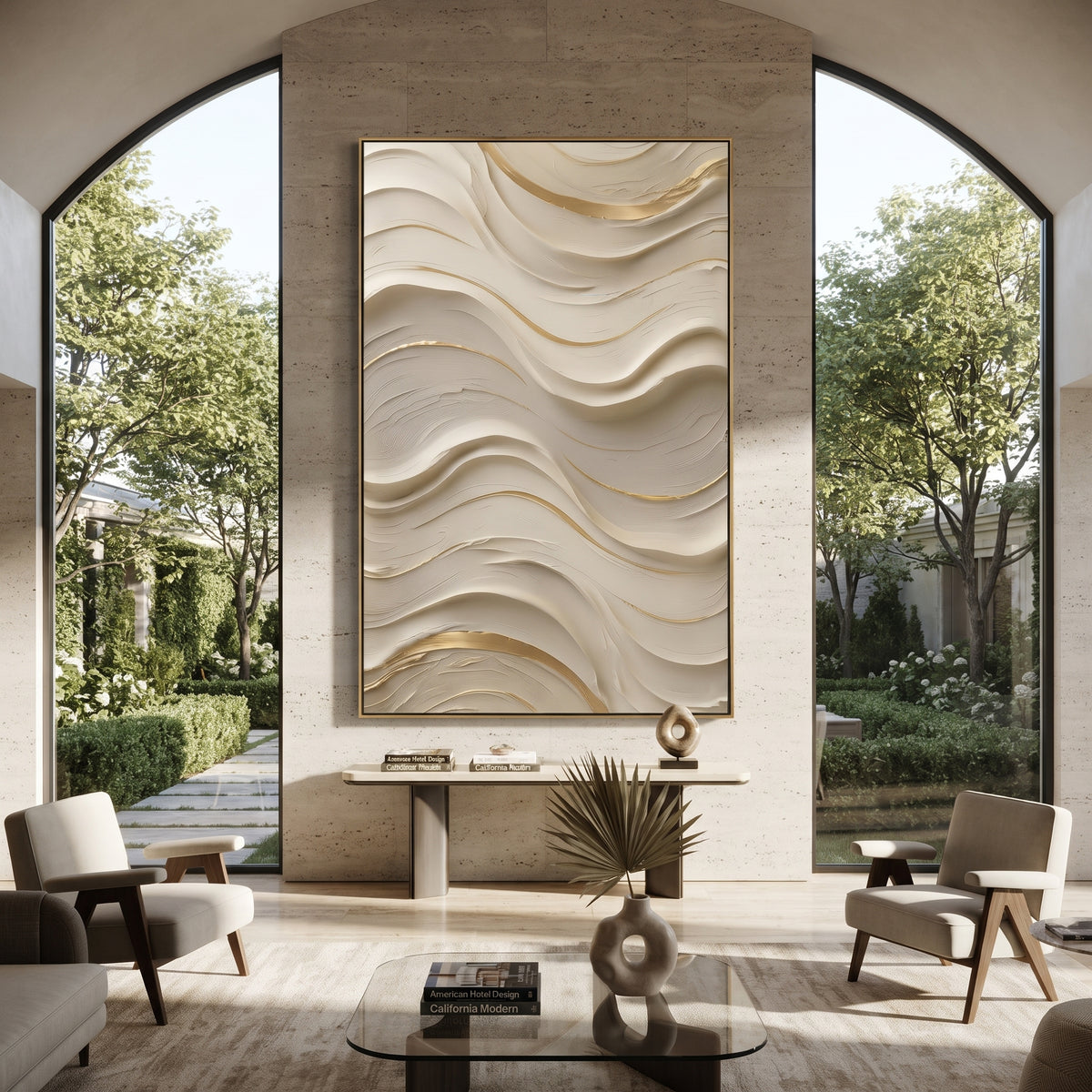 "Cream Ripple Field Relief" - Modern Heavy Impasto Ocean Wave Seascape | White & Beige Palette Knife Painting | Luxury Vertical Wall Art #Q 128