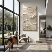 "Cream Ripple Field Relief" - Modern Heavy Impasto Ocean Wave Seascape | White & Beige Palette Knife Painting | Luxury Vertical Wall Art #Q 128