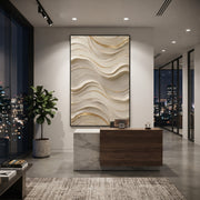 "Cream Ripple Field Relief" - Modern Heavy Impasto Ocean Wave Seascape | White & Beige Palette Knife Painting | Luxury Vertical Wall Art #Q 128