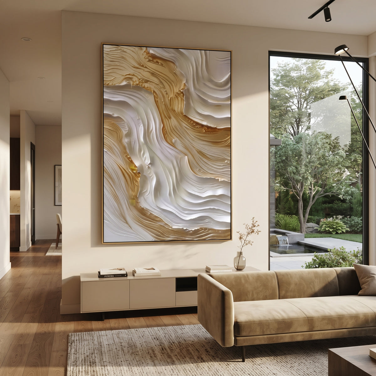 "Gilded White Cascade Relief" - Modern Heavy Impasto Abstract Artwork | White & Gold Palette Knife Painting | Luxury Vertical Wall Art #Q 129