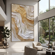 "Gilded White Cascade Relief" - Modern Heavy Impasto Abstract Artwork | White & Gold Palette Knife Painting | Luxury Vertical Wall Art #Q 129