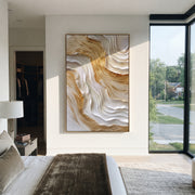 "Gilded White Cascade Relief" - Modern Heavy Impasto Abstract Artwork | White & Gold Palette Knife Painting | Luxury Vertical Wall Art #Q 129