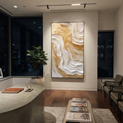 "Gilded White Cascade Relief" - Modern Heavy Impasto Abstract Artwork | White & Gold Palette Knife Painting | Luxury Vertical Wall Art #Q 129