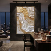 "Gilded White Cascade Relief" - Modern Heavy Impasto Abstract Artwork | White & Gold Palette Knife Painting | Luxury Vertical Wall Art #Q 129