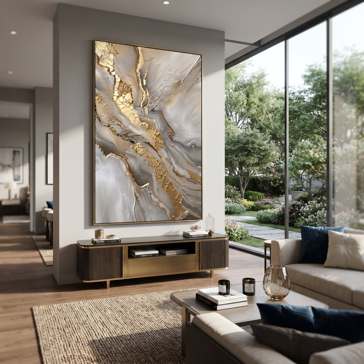 "Grey Marble Gold Fracture Relief" - Modern Heavy Impasto Abstract Artwork | Grey & Gold Palette Knife Painting | Luxury Vertical Wall Art #Q 130
