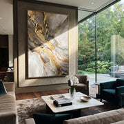 "Grey Marble Gold Fracture Relief" - Modern Heavy Impasto Abstract Artwork | Grey & Gold Palette Knife Painting | Luxury Vertical Wall Art #Q 130