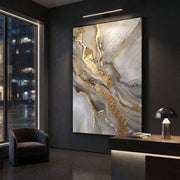 "Grey Marble Gold Fracture Relief" - Modern Heavy Impasto Abstract Artwork | Grey & Gold Palette Knife Painting | Luxury Vertical Wall Art #Q 130