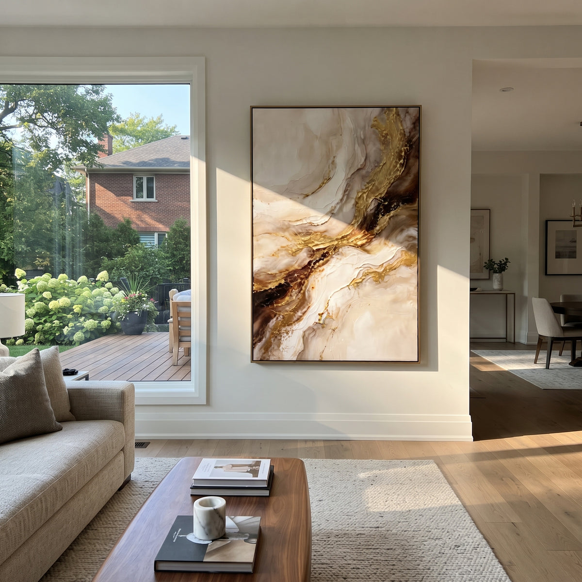 "Dark Amber Gold Rift Relief" - Modern Heavy Impasto Abstract Artwork | White & Brown Palette Knife Painting | Luxury Vertical Wall Art #Q 131