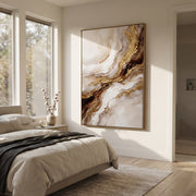 "Dark Amber Gold Rift Relief" - Modern Heavy Impasto Abstract Artwork | White & Brown Palette Knife Painting | Luxury Vertical Wall Art #Q 131