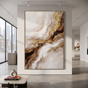 "Dark Amber Gold Rift Relief" - Modern Heavy Impasto Abstract Artwork | White & Brown Palette Knife Painting | Luxury Vertical Wall Art #Q 131